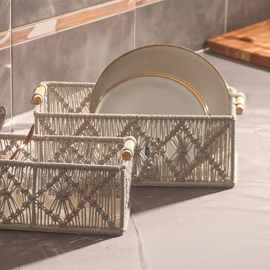 Handmakers Macramé Rectangular Storage Boxes with Handles – Set of 2 Grey | Handmade Cotton Rope Organizer Baskets for Shelves, Bedroom, Living Room, Nursery & Home Décor