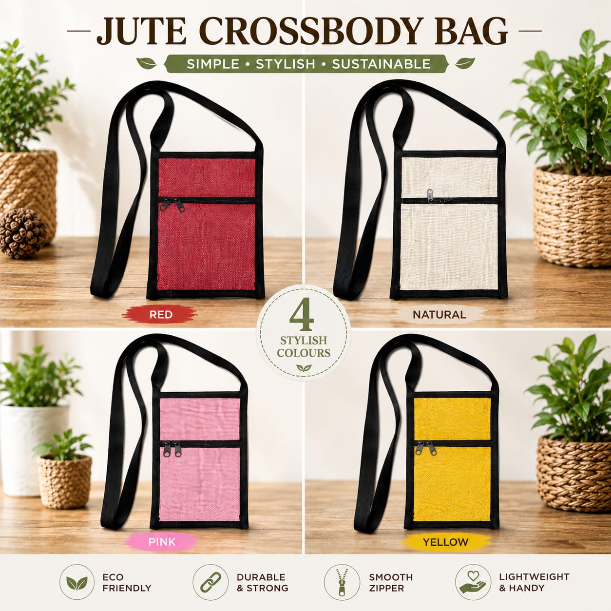 Jute Crossbody Sling Bag for Women & Men, Lightweight Zipper Pocket Shoulder Bag, 7 x 9 Inch pack of 4