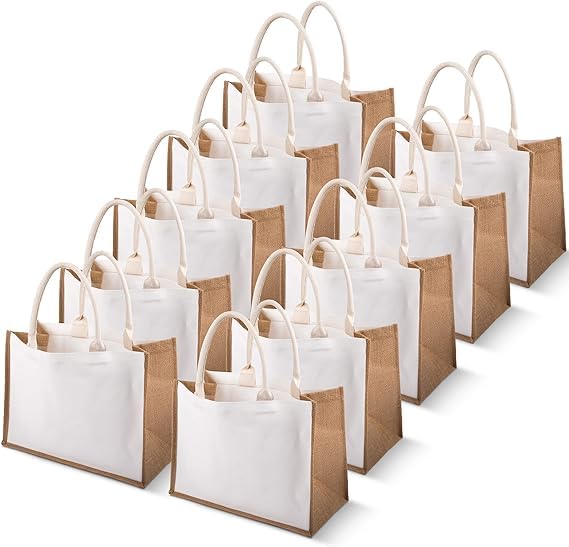 Handmakers Plain White & Beige Jute Bags for Return Gifts (13x11x5 inch ) Pack of 50
