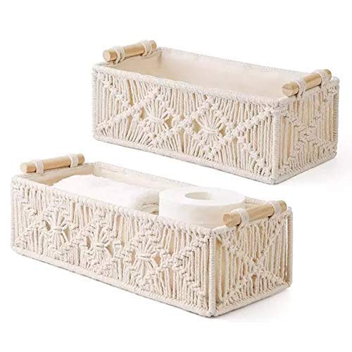 Handmakers Macramé Storage Basket with Wooden Handles – Boho Cotton-Lined Hamper Tray Set of 2 | Handmade Off-White Organizer Basket for Gifting, Bedroom, Living Room, Parties & Events