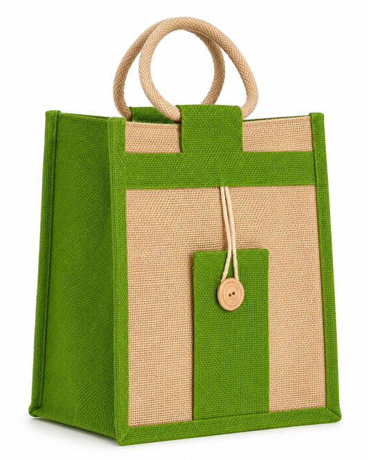 Natural Jute Cloth Handbag With Green and Beige ( Set of 2)