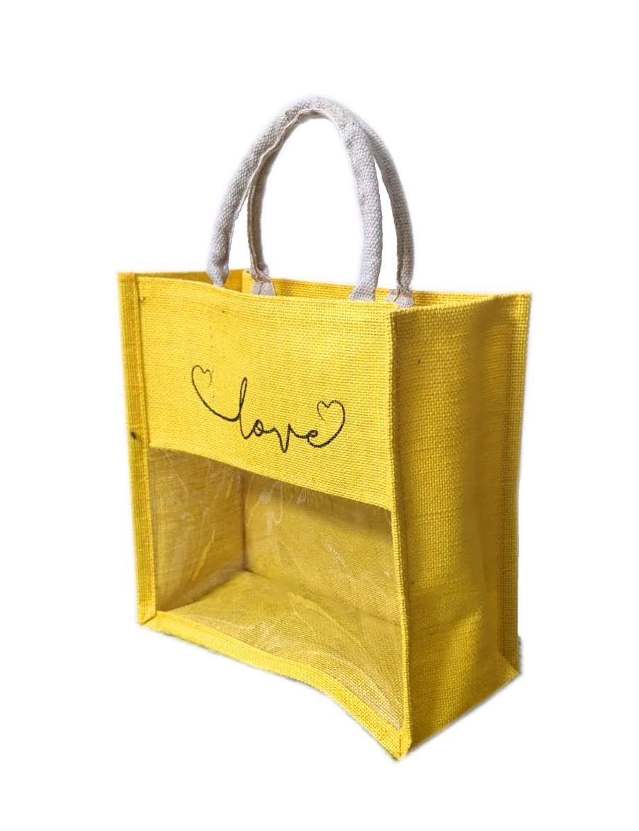 Handmakers Natural Yellow Transparent Jute Bags with Love Print Pack of 50 (12x12x5 inch )