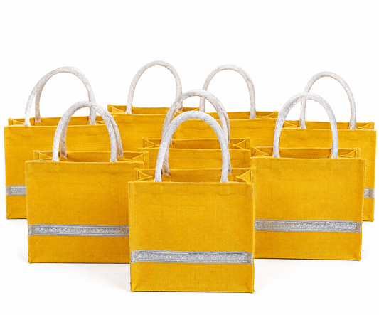 Handmakers Yellow Jute Gift Bags with Silver Lace – Eco-Friendly Reusable Tote for Return Gifts, Shopping & Daily Use – Pack of 10