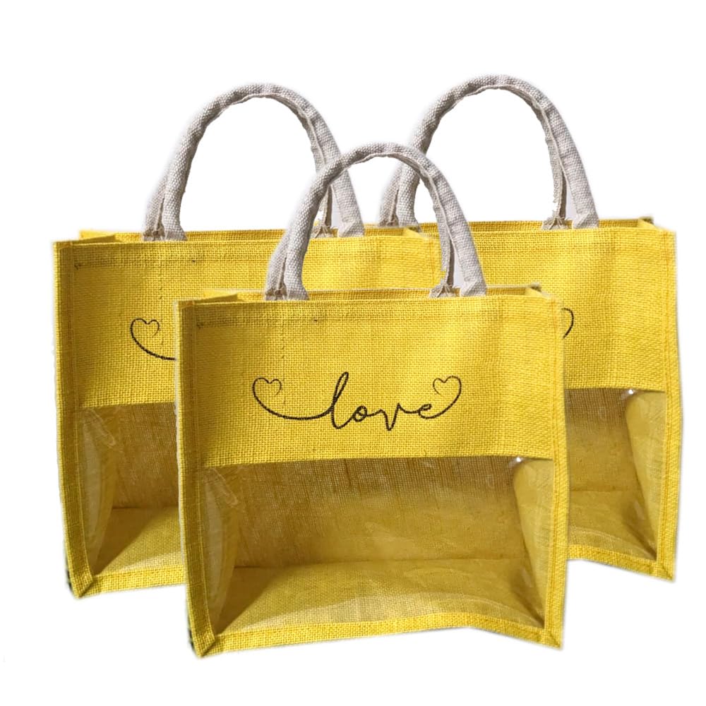 Handmakers Natural Yellow Transparent Jute Bags with Love Print Pack of 50 (12x12x5 inch )