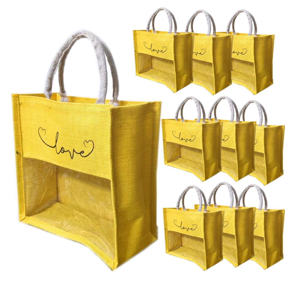 Handmakers Natural Yellow Transparent Jute Bags with Love Print Pack of 50 (12x12x5 inch )