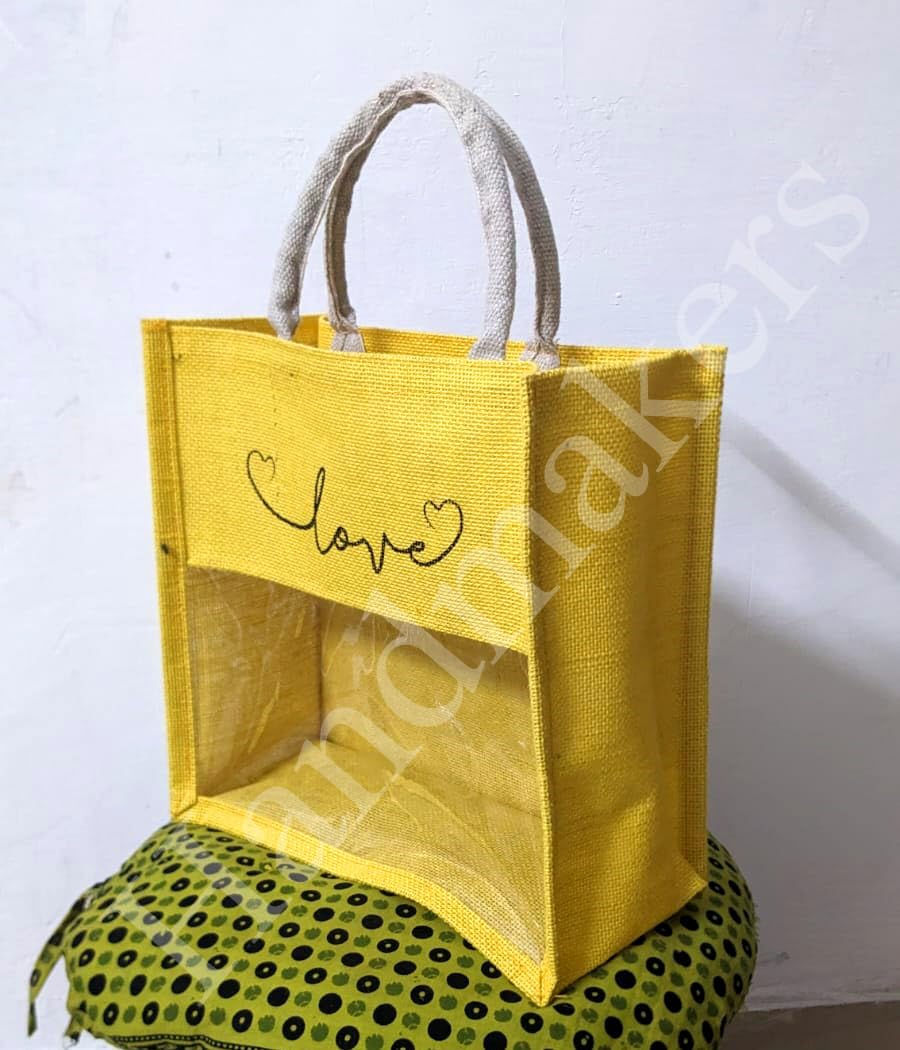 Handmakers Natural Yellow Transparent Jute Bags with Love Print Pack of 50 (12x12x5 inch )