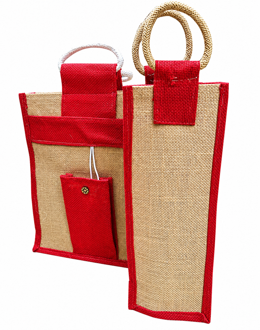 Natural pure Jute Handbags and bottle bags With Red Color