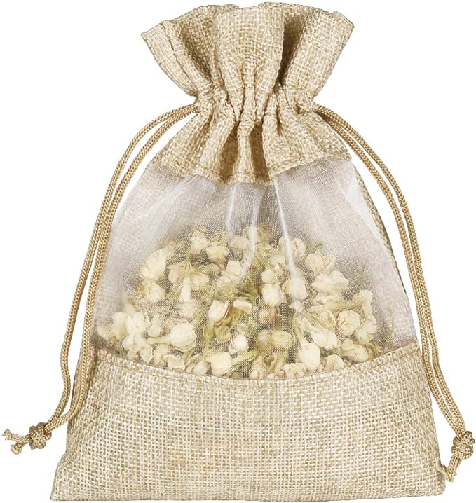 12 Pack 5x7 Inch Burlap Sheer Drawstring Gift Bags for Jewelry, Candy, and Wedding Party Favors