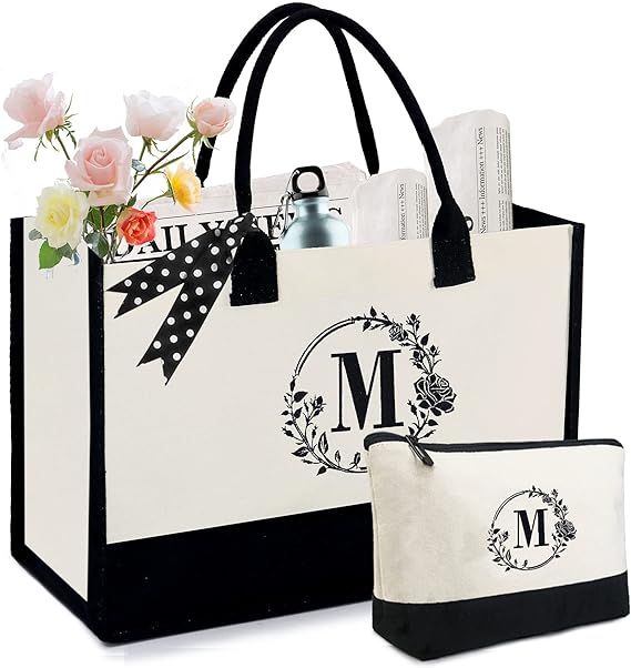 Personalized Initial Canvas Tote Bag with Makeup Pouch – Custom Gift for  Women, Bridesmaids, Teachers Birthdays