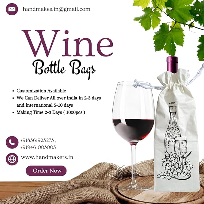 Handmakers Natural Pure White Wine Bottle Bags with Cheers Print Wine Bags Pack of 6