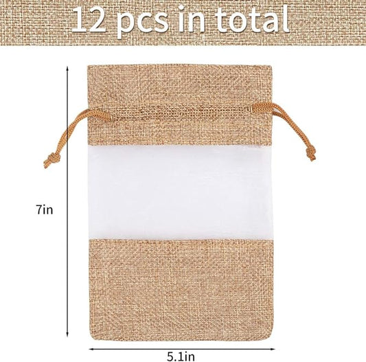 12 Pack Burlap Drawstring Gift Bags with Organza Window - Perfect for Wedding, Baby Shower, and Party Favors (5x7 Inches)