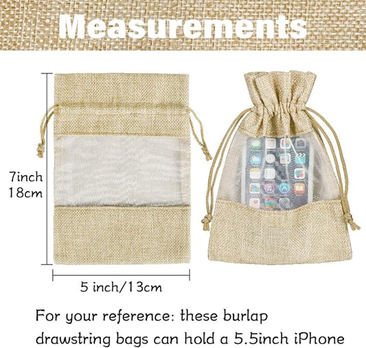 12 Pack 5x7 Inch Burlap Sheer Drawstring Gift Bags for Jewelry, Candy, and Wedding Party Favors