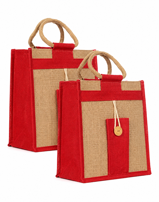 Natural Jute Cloth Handbag With Red and Beige ( Set of 2)