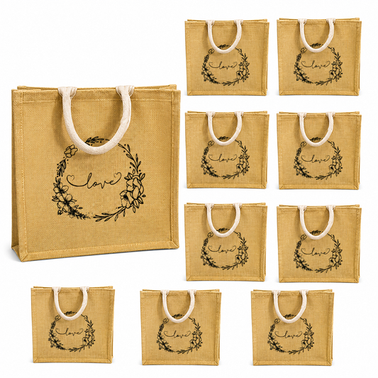 Handmakers Pack of 10 Multicolored Transparent Jute Bag with Love Printed ,Large Size Jute Gift bag for return gift 13x12x6 inch