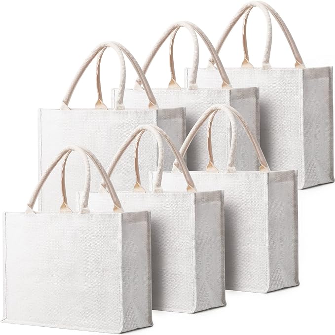 Bulk Blank Burlap Tote Bags for Bridesmaids, Weddings, Groceries, Bachelorette Parties, and Beach Trips | 6 Pack Large White Jute Canvas Tote Bags