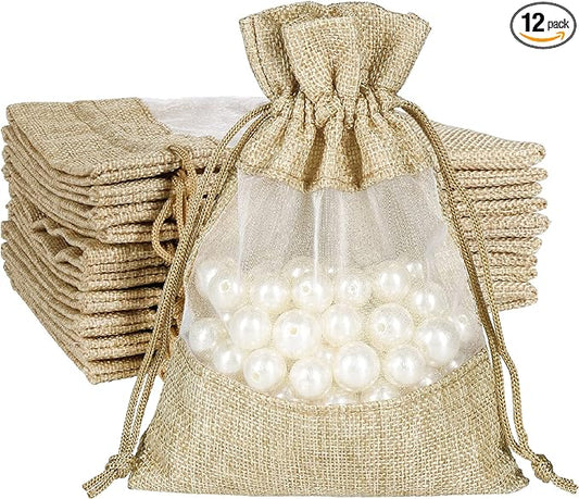 12 Pack 5x7 Inch Burlap Sheer Drawstring Gift Bags for Jewelry, Candy, and Wedding Party Favors