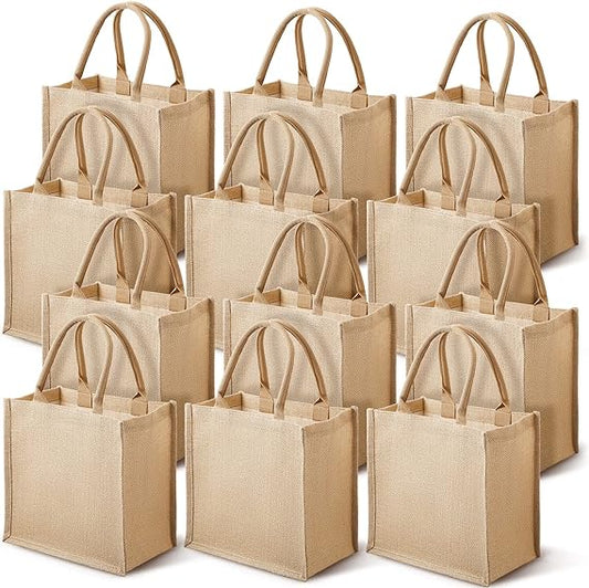 Bags, 6 Pack Large Burlap Reusable Jute Canvas Gift Favors Bag with handles Blank Tote Bulk for Bridesmaid Wedding, Women Market Grocery Shopping, Bachelorette Party, Beach Trip, DIY
