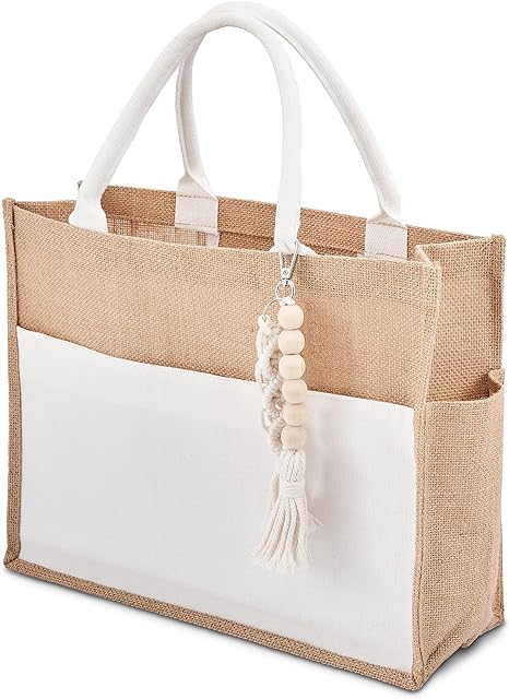 Burlap Tote Bag for Shopping, Beach, Lunch, and Vacation | Jute Bags with Handles, Woven Handles, Zipper Pocket | White Tote Bag | Bride Tote | Baby Shower Bag
