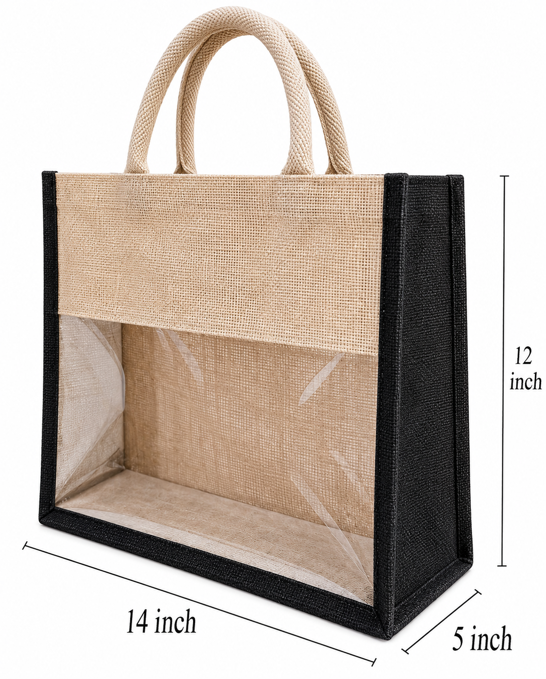 Handmakers Customize Logo Transparent Black Jute Bag 14x12x5 Inch