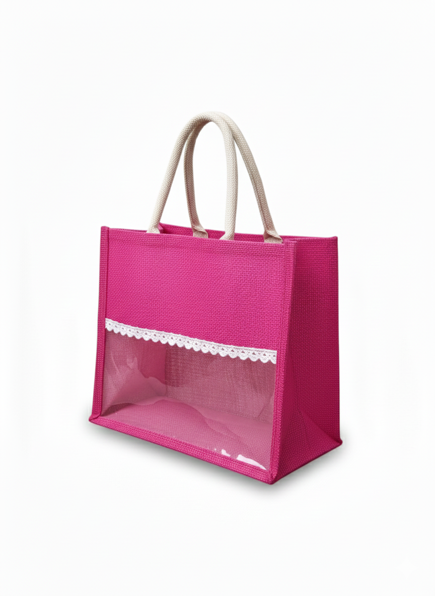 Handmakers Natural Transparent PInk Jute Gift Bags for Return Gifts Pack of 50, (12x10x5 ) inch