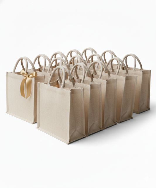 Handmakers Natural Plain Jute Gift Bags White 12x12x5 inch ( Pack of 50)