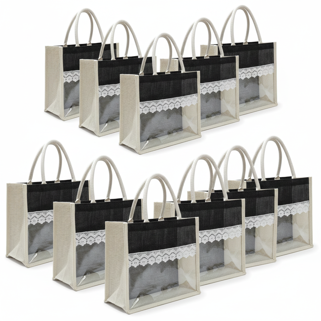 Handmakers Transparent Jute Gift Bag with Lace Trim, Natural and Black, set of 50, 12 * 10 * 5 inch