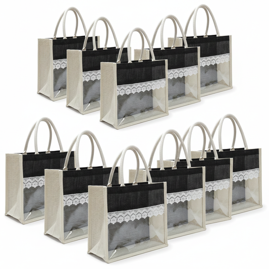 Handmakers Transparent Jute Gift Bag with Lace Trim, Natural and Black, set of 50, 12 * 10 * 5 inch