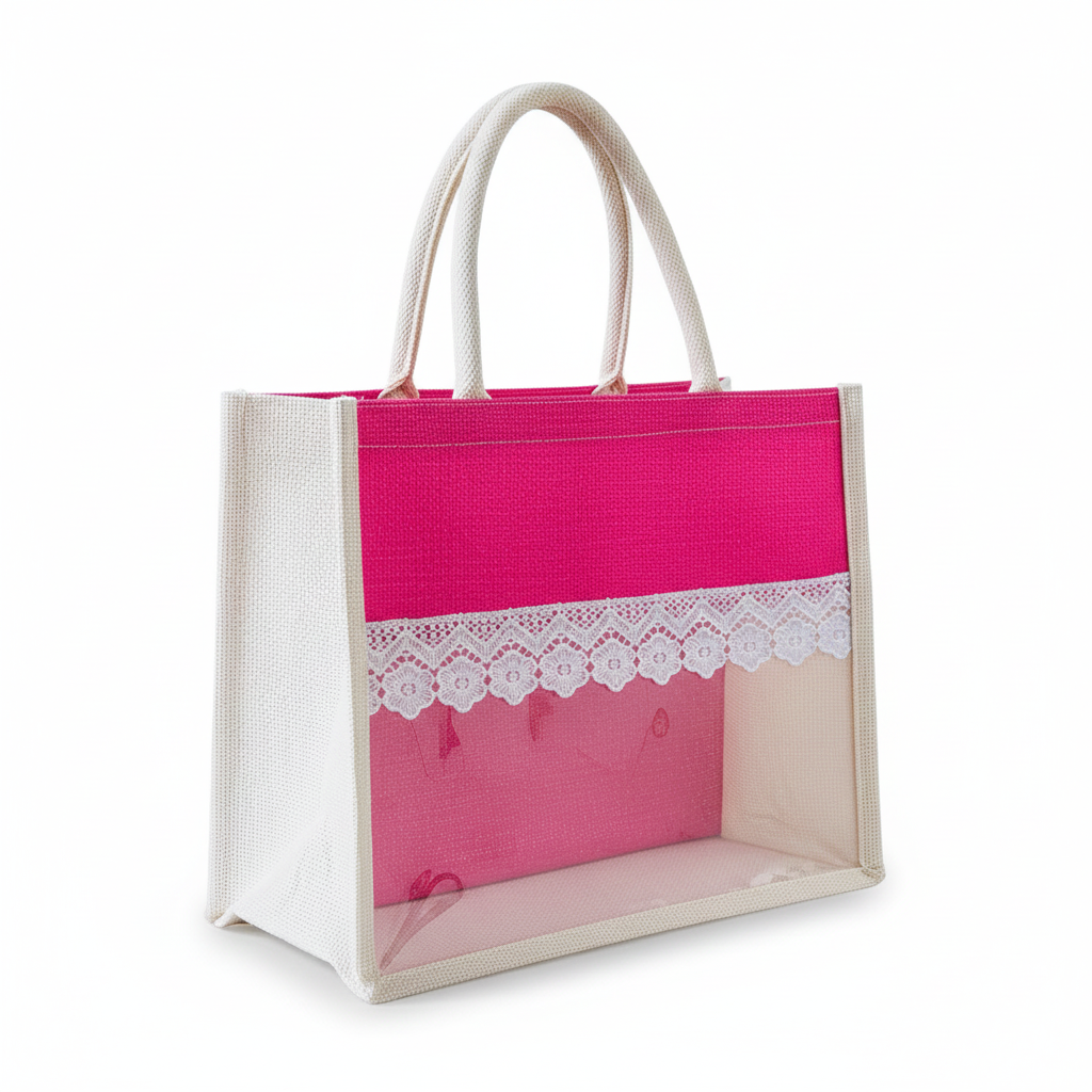 Handmakers Pink Transparent Jute bag 12x10x5 Inch Pack of 50