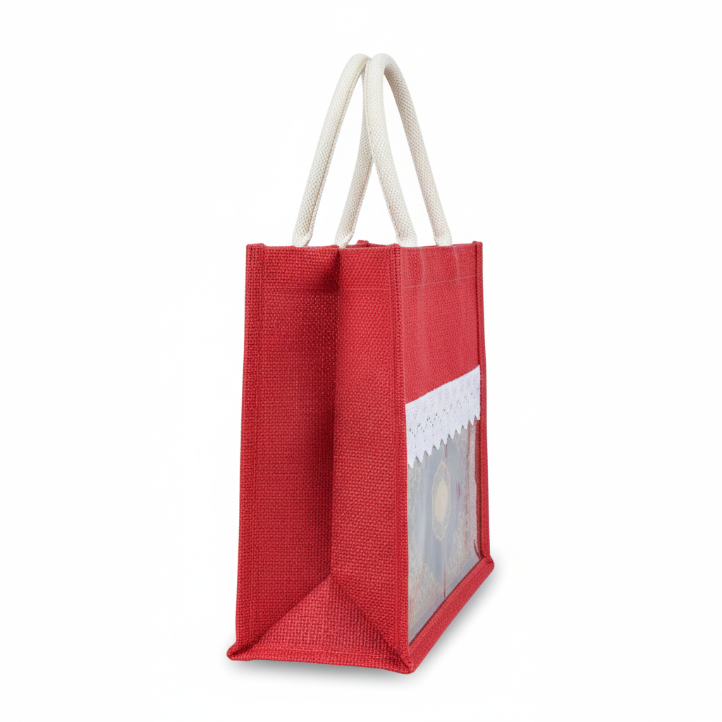 Handmakers Red Transparent Jute Bag with White Less 12x10x5 Inch Pack of 50