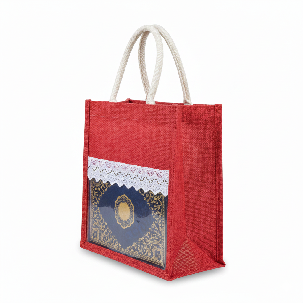 Handmakers Red Transparent Jute Bag with White Less 12x10x5 Inch Pack of 50
