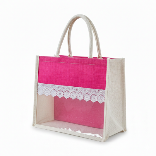 Handmakers Pink Transparent Jute bag 12x10x5 Inch Pack of 50