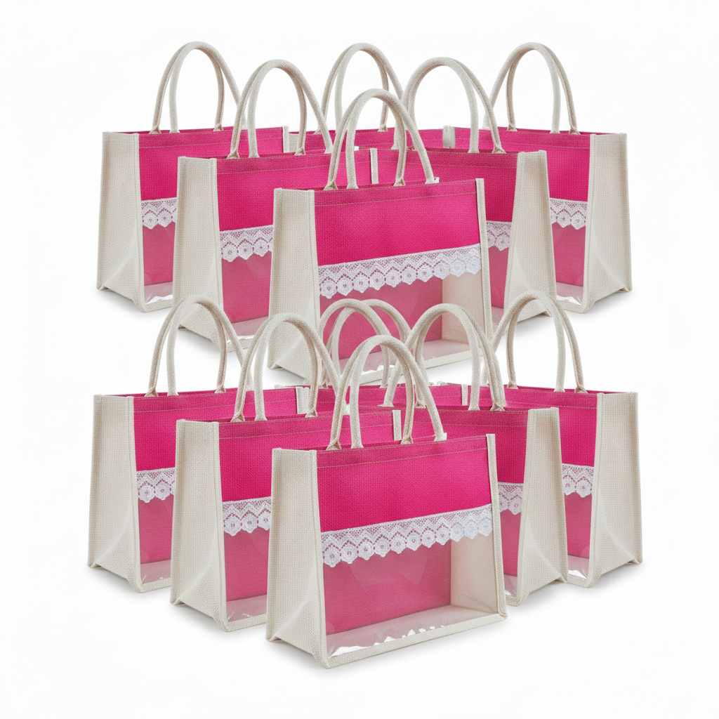 Handmakers Pink Transparent Jute bag 12x10x5 Inch Pack of 50