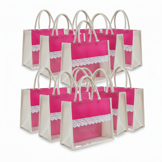 Handmakers Pink Transparent Jute bag 12x10x5 Inch Pack of 50