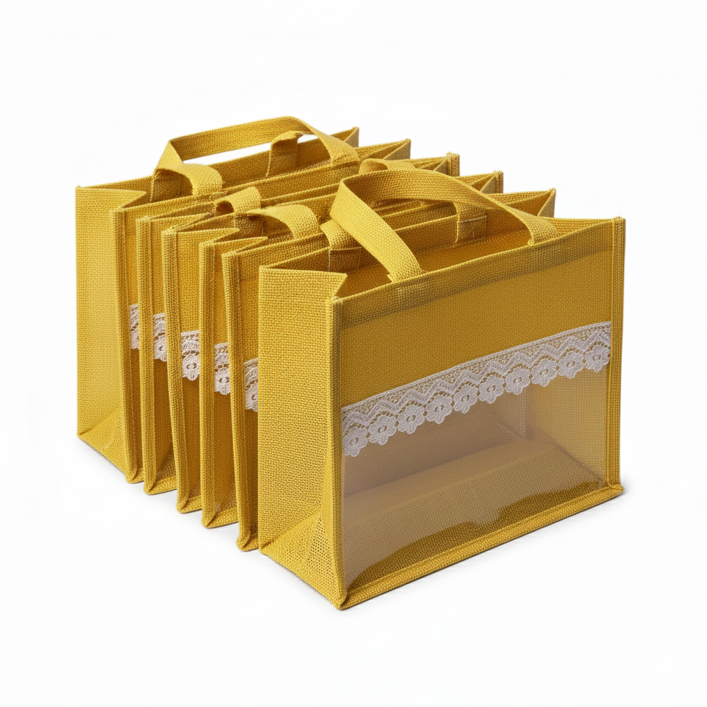 Yellow Transparent jute bags for haldi
