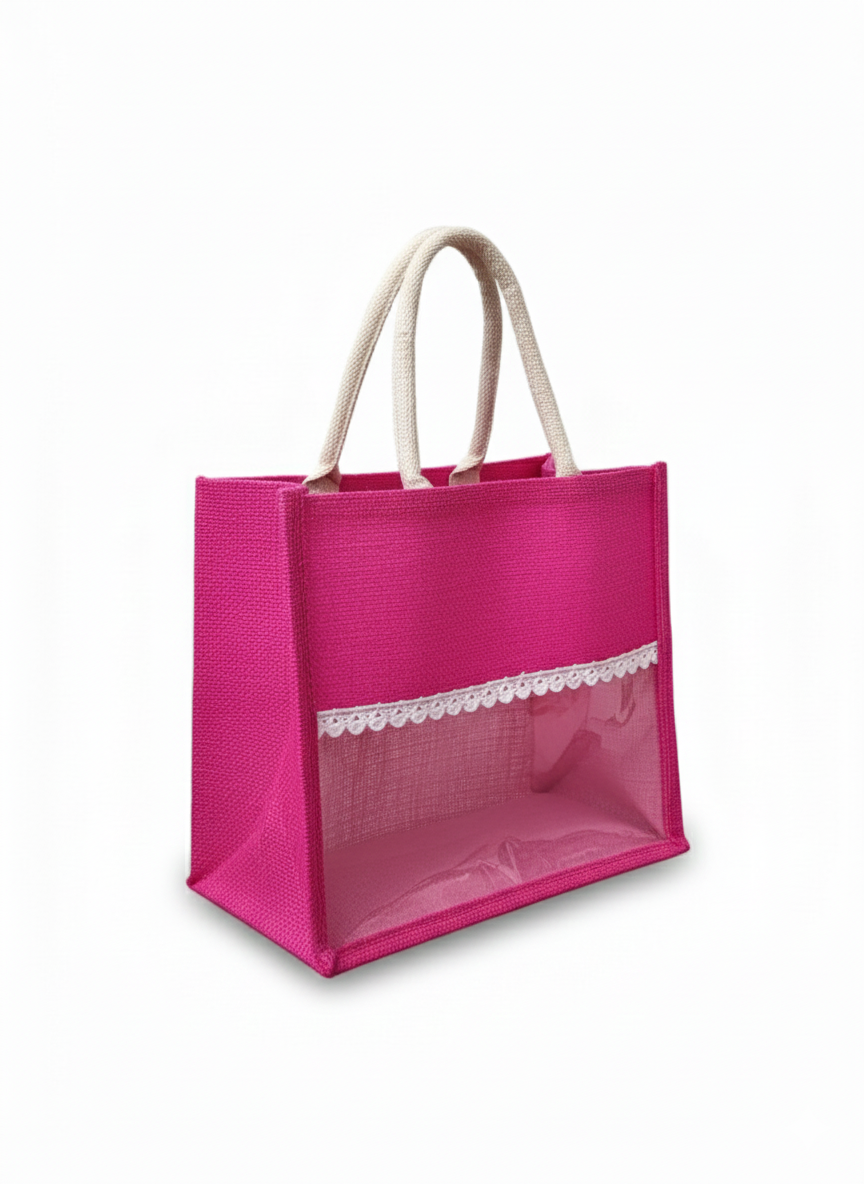 Handmakers Natural Transparent PInk Jute Gift Bags for Return Gifts Pack of 50, (12x10x5 ) inch