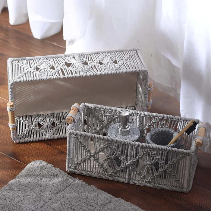 Handmakers Macramé Rectangular Storage Boxes with Handles – Set of 2 Grey | Handmade Cotton Rope Organizer Baskets for Shelves, Bedroom, Living Room, Nursery & Home Décor