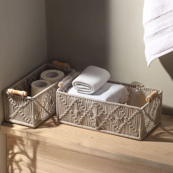 Handmakers Macramé Rectangular Storage Boxes with Handles – Set of 2 Grey | Handmade Cotton Rope Organizer Baskets for Shelves, Bedroom, Living Room, Nursery & Home Décor