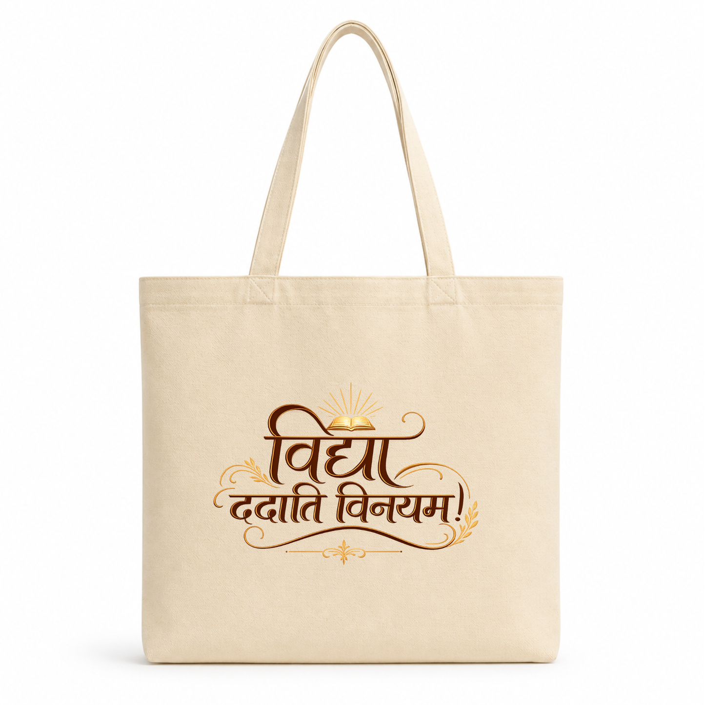 Natural cotton tote bag featuring the Sanskrit quote "विद्या ददाति विनयम्" in elegant decorative Hindi typography with a book illustration above the text. 