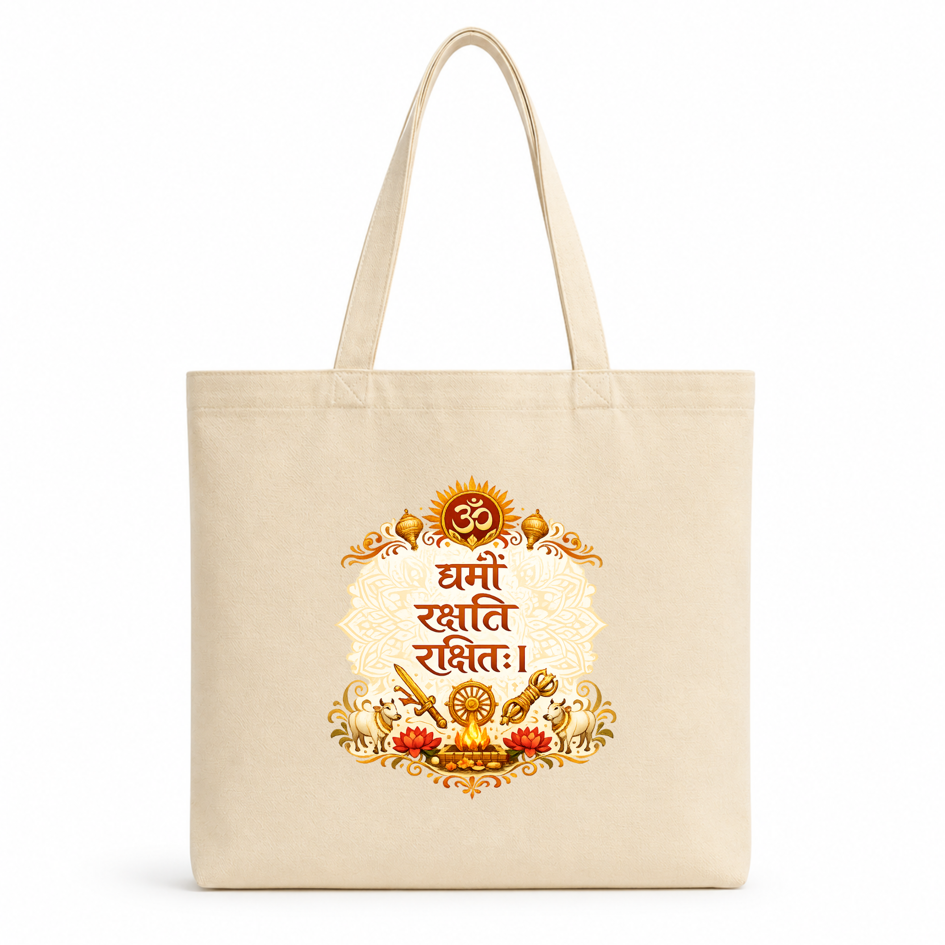 Natural cotton tote bag featuring the Sanskrit quote "धर्मो रक्षति रक्षितः" with Om symbol, lotus flowers, traditional Indian spiritual artwork, and elegant heritage-inspired typography.          