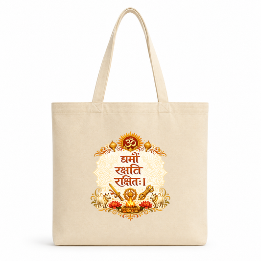 Natural cotton tote bag featuring the Sanskrit quote "धर्मो रक्षति रक्षितः" with Om symbol, lotus flowers, traditional Indian spiritual artwork, and elegant heritage-inspired typography.          