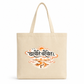Natural cotton tote bag featuring the Sanskrit quote "चरैवेति चरैवेति" with artistic sunrise, mountain landscape, pathway, and footprints symbolizing progress, growth, and life's journey.