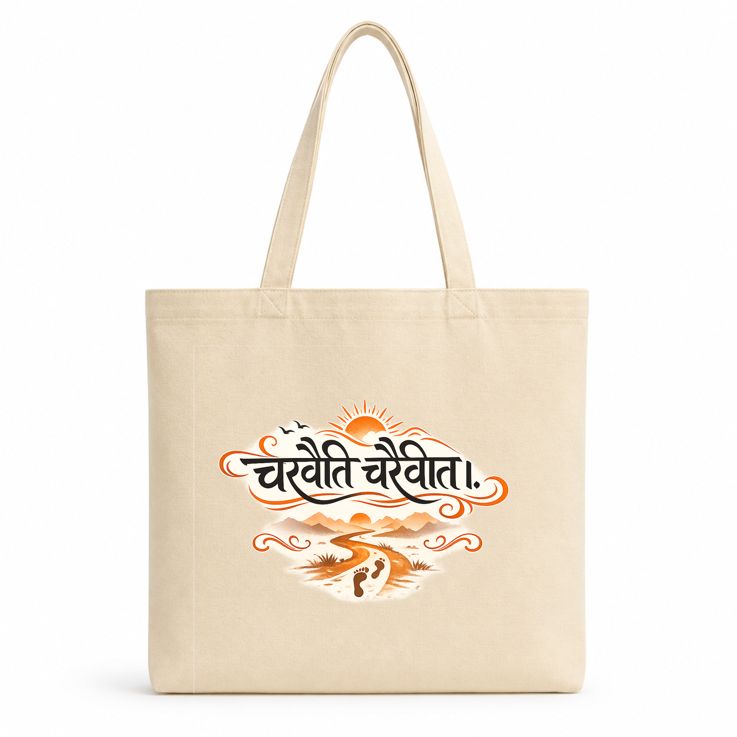 Natural cotton tote bag featuring the Sanskrit quote "चरैवेति चरैवेति" with artistic sunrise, mountain landscape, pathway, and footprints symbolizing progress, growth, and life's journey.