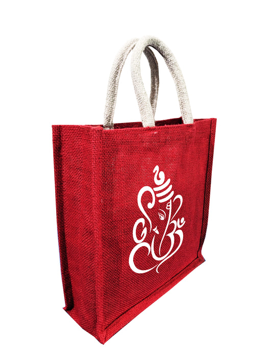 Handmakers Red Jute Bag with White Ganesh Best for Return Gift Bags