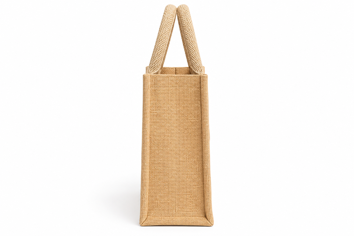 Shop premium jute gift bags with transparent windows and elegant floral lace. Ideal for wedding return gifts, welcome hampers and festive gifting.
