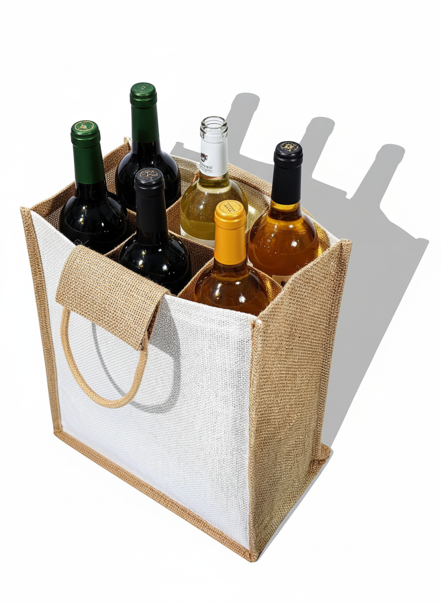 Handmakers 6-Bottle Jute Wine Bag Pack of 2 – White Reusable Wine Carrier with Divider for Gifting & Travel