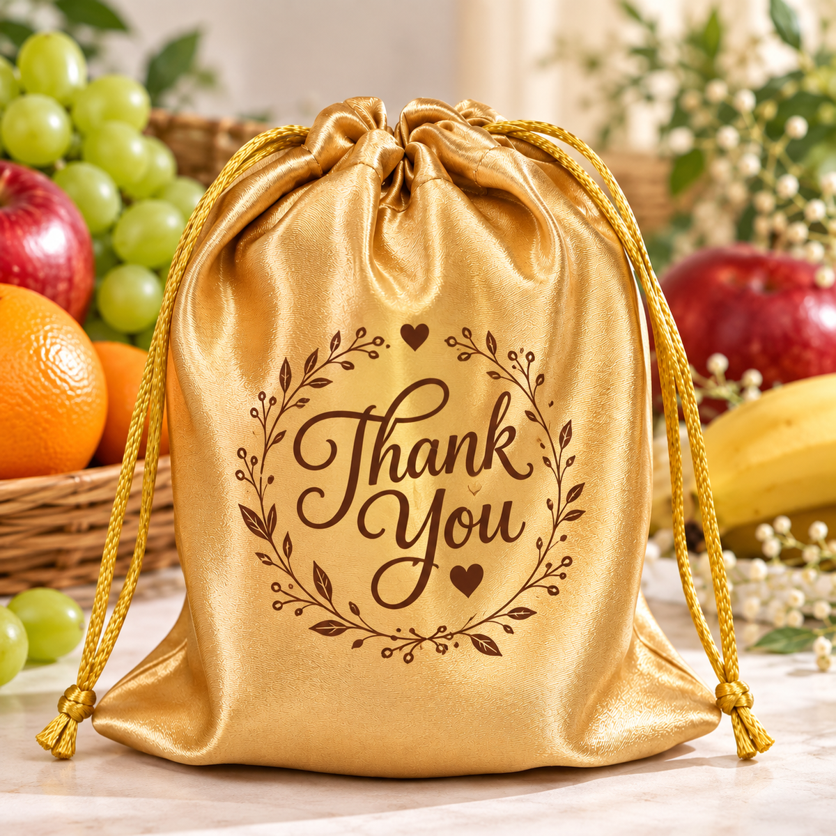 Handmakers Golden Satin Potli Bag | Luxury Drawstring Gift Pouch for Wedding & Festive Gifting Pack of 15