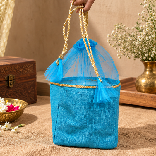Handmakers Blue Jute Potli Gift Bag with Sheer Net & Golden Drawstring | Elegant Wedding & Festive Return Gift Bag