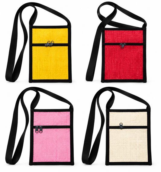 Jute Crossbody Sling Bag for Women & Men, Lightweight Zipper Pocket Shoulder Bag, 7 x 9 Inch pack of 4