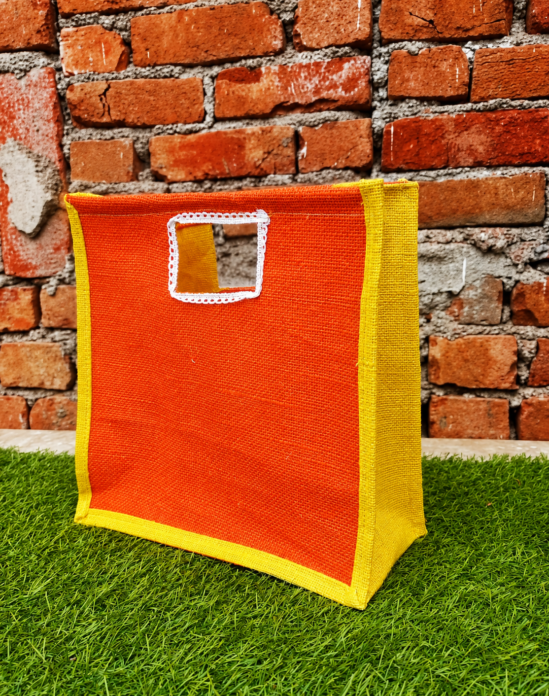 Handmakers Orange & Yellow Jute Return Gift Bag | Eco-Friendly Grocery, Vegetable, Storage Tote with Handle for Gifting, Shopping & Daily Use