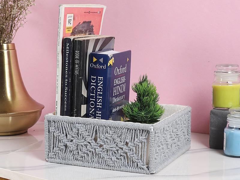 Handmakers Macramé Hamper Gift Basket – Grey | Handmade Cotton Rope Rectangular Tray Basket with Side Handles (10 x 14.5 x 4.3 Inch) | Storage Organizer for Shelf, Fruits, Gifting & Home Décor